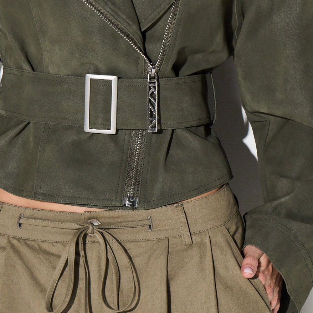 Army Green Casual Women's Suedette Biker Jacket - Picture 6 of 7
